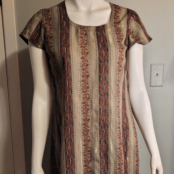 Handmade Tribal Metallic Slinky Maxi Dress M Far East Liquid Gold Unique Boho - Picture 3 of 9